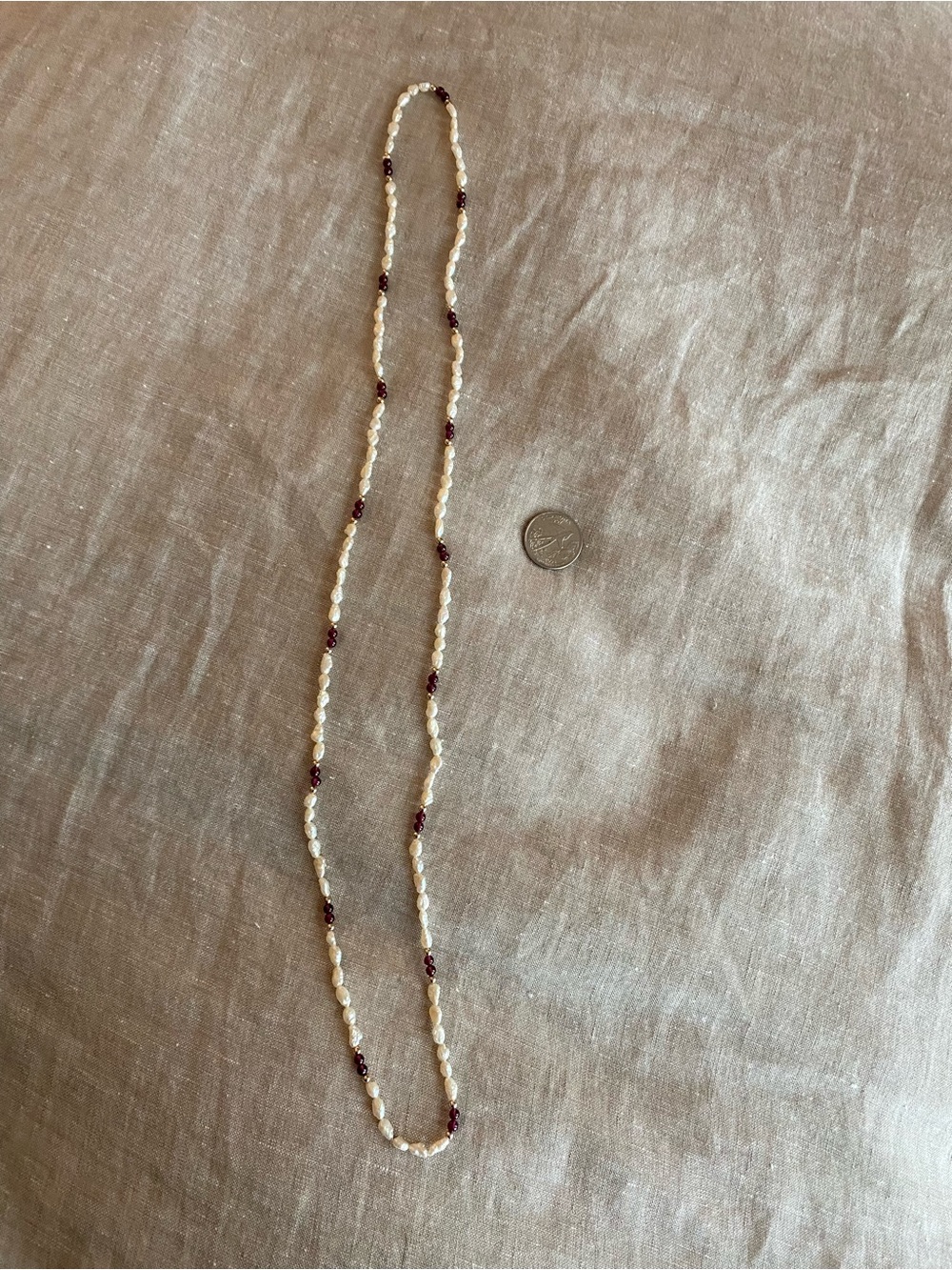 Vintage FreshWater Rice Pearl & Garnet Gemstone Bead 35" Necklace